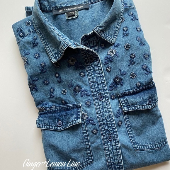 FRENCH CONNECTION Blue Cambray Floral Cross stitch Denim Jeans Shirt Sz.10 - Picture 1 of 8